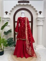Red Color Satin Silk Fabric Weaving Work Palazzo Suit