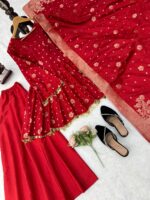 Red Color Satin Silk Fabric Weaving Work Palazzo Suit