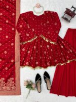 Red Color Satin Silk Fabric Weaving Work Palazzo Suit