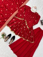 Red Color Satin Silk Fabric Weaving Work Palazzo Suit