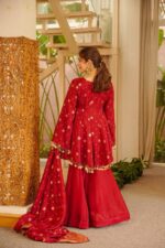 Red Color Satin Silk Fabric Weaving Work Palazzo Suit