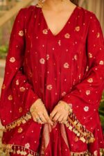 Red Color Satin Silk Fabric Weaving Work Palazzo Suit