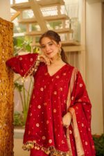 Red Color Satin Silk Fabric Weaving Work Palazzo Suit