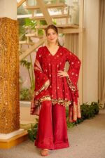 Red Color Satin Silk Fabric Weaving Work Palazzo Suit