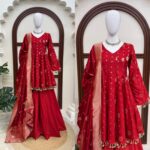 Red Color Satin Silk Fabric Weaving Work Palazzo Suit