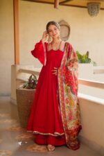 Red Color Tabby Silk Fabric Mirror Fancy Lace Work Anarkali Palazzo Suit