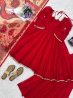 Red Color Tabby Silk Fabric Mirror Fancy Lace Work Anarkali Palazzo Suit