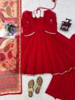 Red Color Tabby Silk Fabric Mirror Fancy Lace Work Anarkali Palazzo Suit