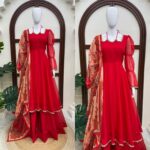 Red Color Tabby Silk Fabric Mirror Fancy Lace Work Anarkali Palazzo Suit