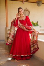 Red Color Tabby Silk Fabric Mirror Fancy Lace Work Anarkali Palazzo Suit