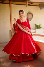 Red Color Tabby Silk Fabric Mirror Fancy Lace Work Anarkali Palazzo Suit