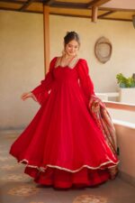 Red Color Tabby Silk Fabric Mirror Fancy Lace Work Anarkali Palazzo Suit