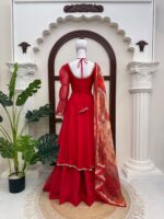 Red Color Tabby Silk Fabric Mirror Fancy Lace Work Anarkali Palazzo Suit