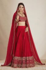 Red Color Vichitra Silk Fabric Thread With Sequence Work Lehenga