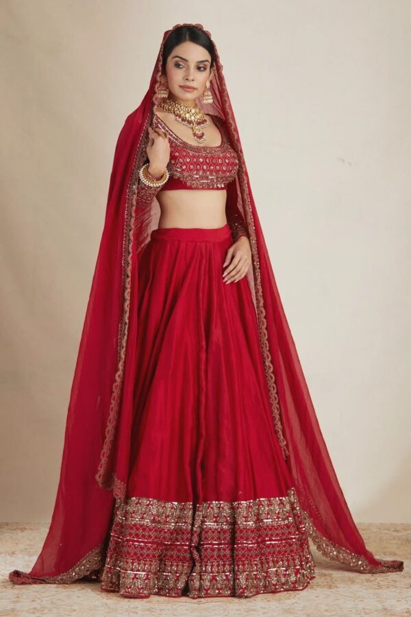 Red Color Vichitra Silk Fabric Thread With Sequence Work Lehenga