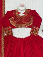Red Color Vichitra Silk Fabric Thread With Sequence Work Lehenga