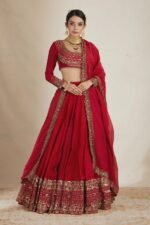 Red Color Vichitra Silk Fabric Thread With Sequence Work Lehenga