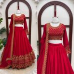 Red Color Vichitra Silk Fabric Thread With Sequence Work Lehenga