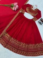 Red Color Vichitra Silk Fabric Thread With Sequence Work Lehenga