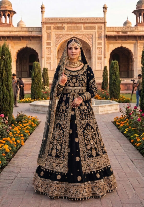Stylish Black Color Velvet Fabric Embroidery Fancy Thread Sequence Work Bridal Lehenga