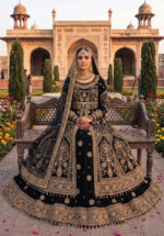 Stylish Black Color Velvet Fabric Embroidery Fancy Thread Sequence Work Bridal Lehenga