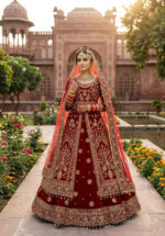 Stylish Maroon Color Velvet Fabric Embroidery Fancy Thread Sequence Work Bridal Lehenga