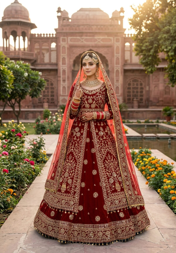 Stylish Maroon Color Velvet Fabric Embroidery Fancy Thread Sequence Work Bridal Lehenga
