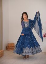 Teal Blue Color Faux Georgette Fabric Thread With Sequence Work Anarkali Suit
