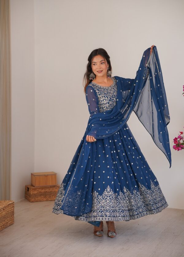 Teal Blue Color Faux Georgette Fabric Thread With Sequence Work Anarkali Suit