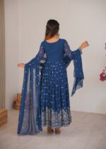 Teal Blue Color Faux Georgette Fabric Thread With Sequence Work Anarkali Suit