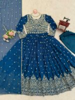 Teal Blue Color Faux Georgette Fabric Thread With Sequence Work Anarkali Suit