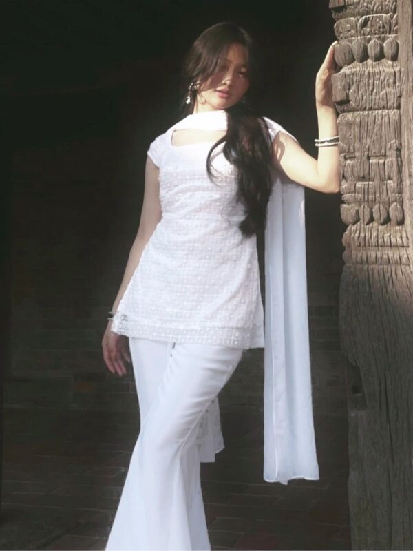 White Color Faux Georgette Fabric Thread With Sequence Work Suit
