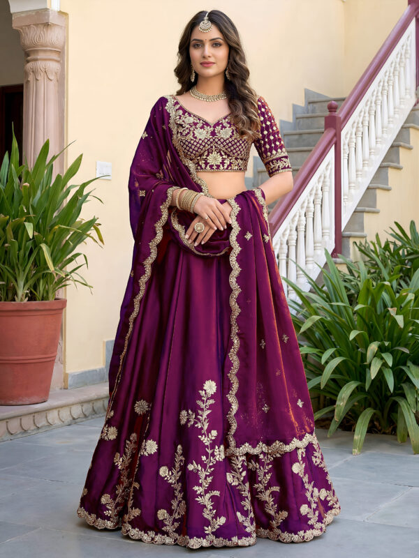 Wine Color Rangoli Silk Fabric Jari And Dori With Sequence Embroidery Work Lehenga