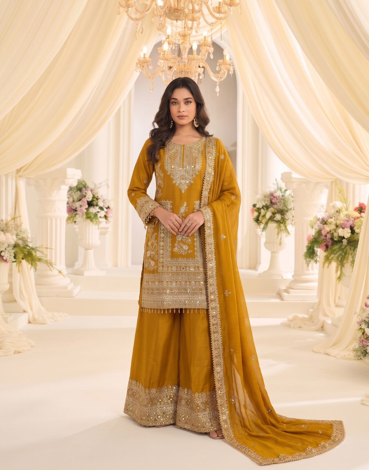 Yellow Color Chinon Fabric Sequence Embroidery Work Sharara Suit