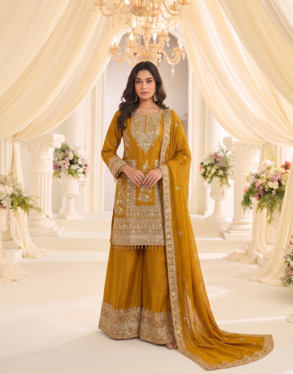 Yellow Color Chinon Fabric Sequence Embroidery Work Sharara Suit