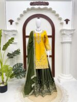 Yellow Color Natural Crepe Fabric Thread With Sequence Work Palazzo Suit