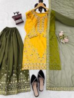 Yellow Color Natural Crepe Fabric Thread With Sequence Work Palazzo Suit