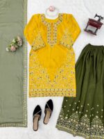 Yellow Color Natural Crepe Fabric Thread With Sequence Work Palazzo Suit