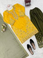 Yellow Color Natural Crepe Fabric Thread With Sequence Work Palazzo Suit