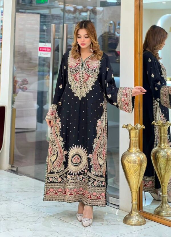 Black Color Biscuit Slub Fabric Sequence Work Kashmir Style Kaftan Suit