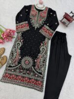 Black Color Biscuit Slub Fabric Sequence Work Kashmir Style Kaftan Suit