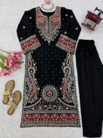 Black Color Biscuit Slub Fabric Sequence Work Kashmir Style Kaftan Suit