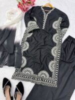 Black Color Biscuit Slub Fabric Thread Work Suit