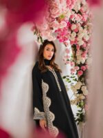 Black Color Biscuit Slub Fabric Thread Work Suit
