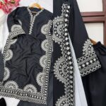 Black Color Biscuit Slub Fabric Thread Work Suit
