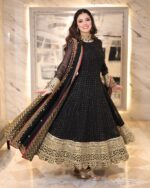Black Color Faux Blooming Fabric Sequence With Embroidery Jari Work Gown