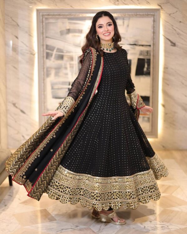 Black Color Faux Blooming Fabric Sequence With Embroidery Jari Work Gown