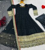 Black Color Faux Blooming Fabric Sequence With Embroidery Jari Work Gown