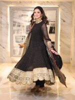 Black Color Faux Blooming Fabric Sequence With Embroidery Jari Work Gown