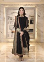 Black Color Faux Blooming Fabric Sequence With Embroidery Jari Work Gown